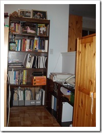 Glenda's completely organized bookcase and area