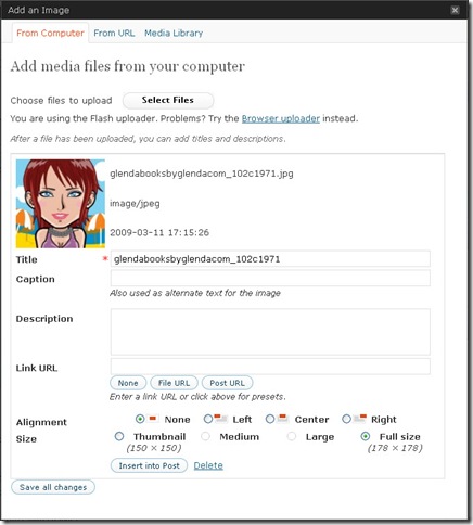 Add an image dialog box in WordPress 2.7