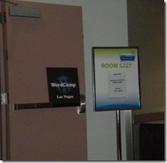 The WordCamp Las Vegas sign on the room's door