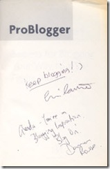 ProBlogger book autographed by Chris Garrett and Darren Rowse