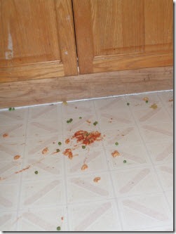 Macaroni, peas and sauce splattered on the kitchen floor