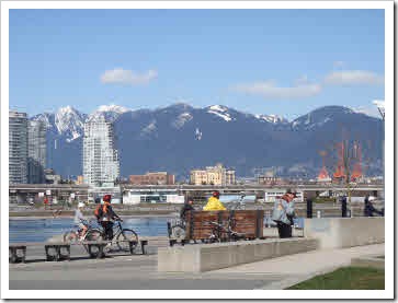 False Creek in foreground with snowy tipped mountains in the background