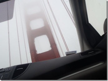Foggy Golden Gate Bridge viewed from inside car